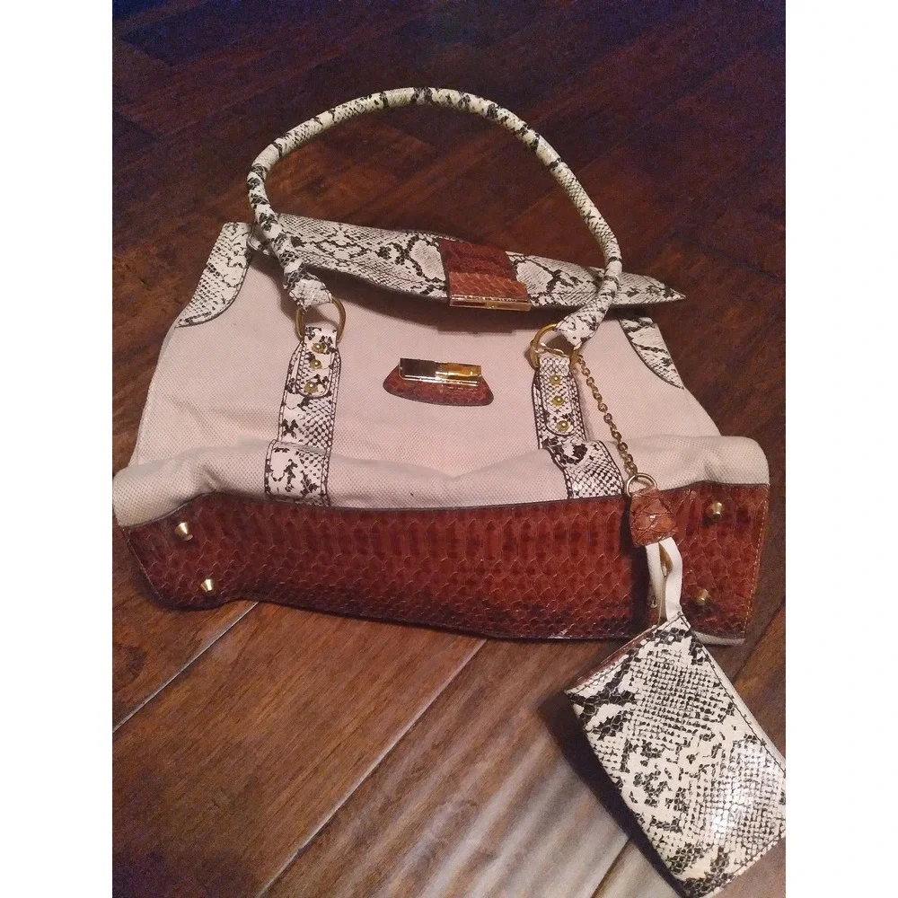DOLCE &‎ GABBANA Snakeskin Print Satchel Handbag Brown Trim Card Case